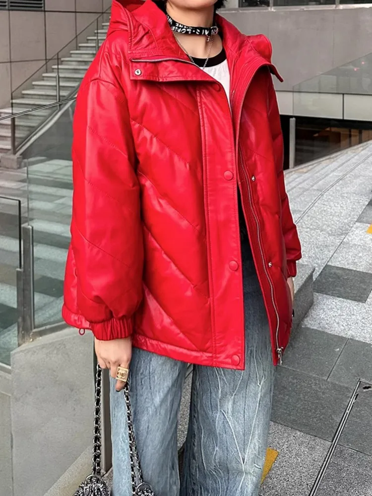 Winter Fashion Women Casual Loose Fit Hooded White Duck Down Jacket Sheepskin Genuine Leather Coat Thick Warm Windproof Overcoat