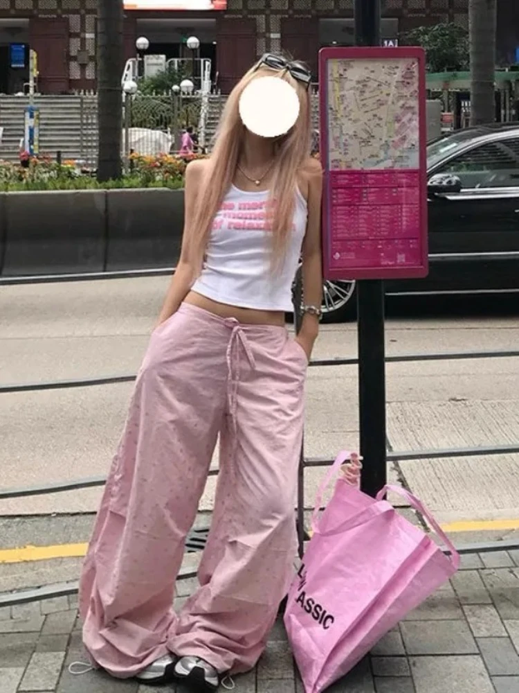 HOUZHOU Pink Star Graphic Print Drawstring Women Pants Wide Leg American Retro Baggy Jogging Sweatpants Y2K Harajuku Gyaru New