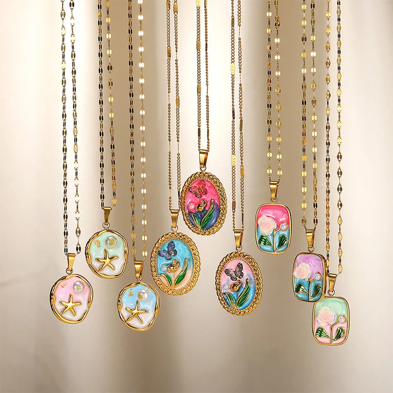 PRISCA |  Royal Style Painting Necklace Women Stainless Steel Romantic Jewelry Baroque Sweater Chain 2026