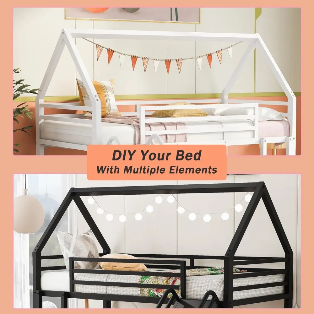 Heavy Metal House Low Bunk Bed with Slide & Ladder Twin Over Twin, Montessori Floor Bunk Bed Frame with Full-Length Guardrail