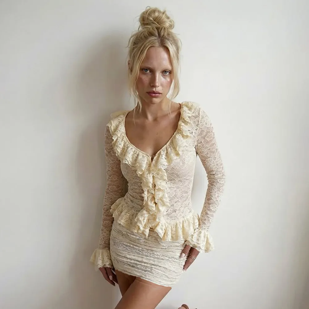 2026 Summer New Lace Ruffle Edge Cardigan Low-cut Top Hip Skirt Set