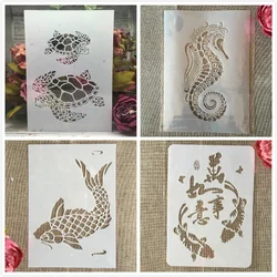 4Pcs A4 29cm Fish Turtle Hippocampus DIY Layering Stencils Wall Painting Scrapbook Coloring Embossing Album Decorative Template