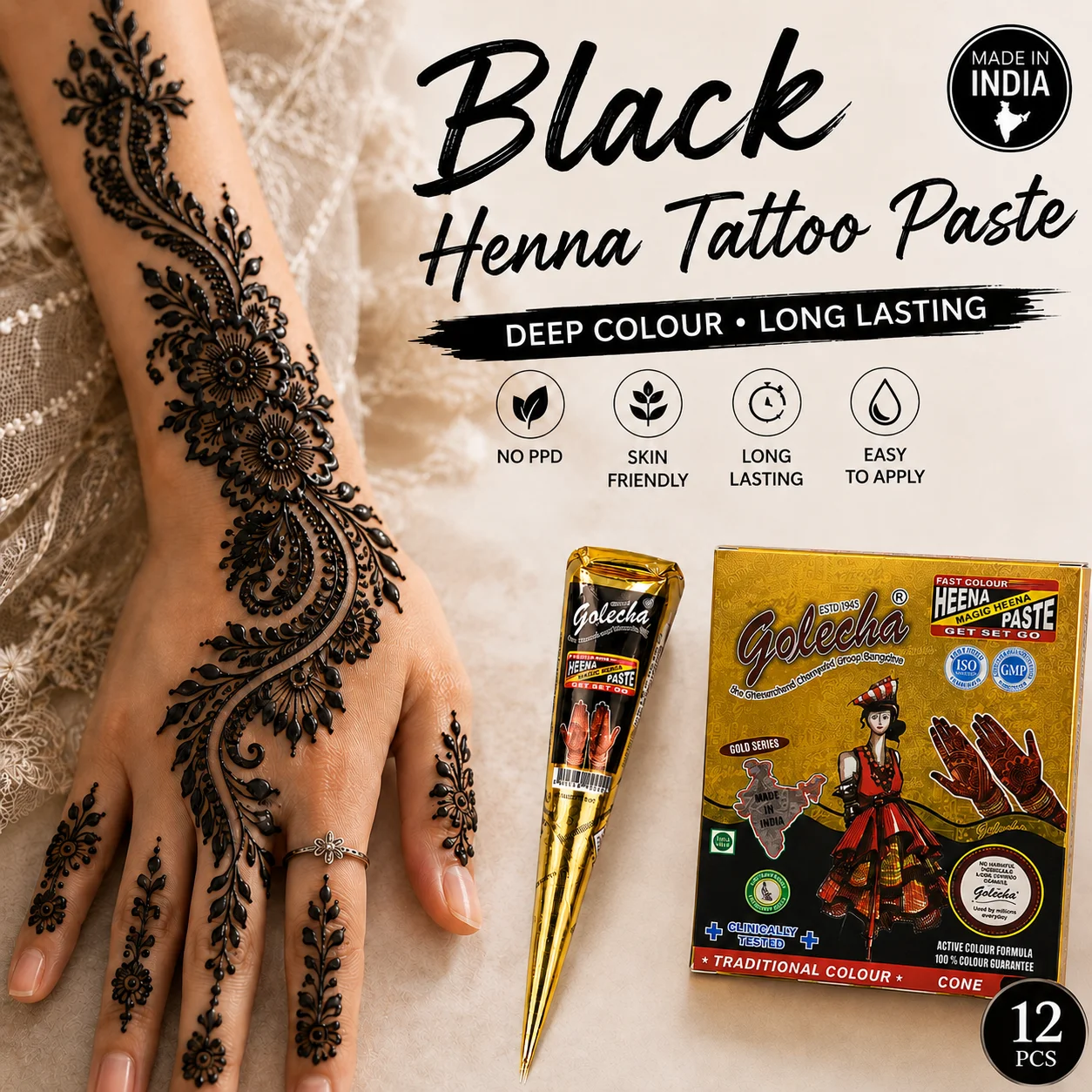 Golecha 25g Indian Black Henna Cone Mehndi Paste for Temporary Tattoo Body Art DIY Drawing Makeup Tint