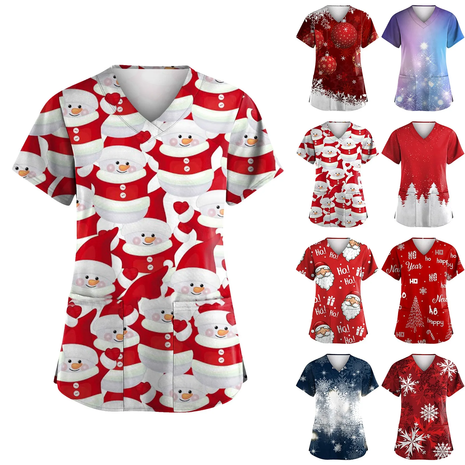 Women Working Uniform Short Sleeve V-Neck Cartoon Printing Tops Christmas Thanksgiving Blouses Uniforms Pet Scrubs Costume