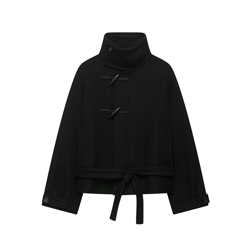 YENKYE Fashion Ladies Black Short Woolen Coat  High Collar Long Sleeve With Belt Loose Fit Fall Winter Warm Outerwear