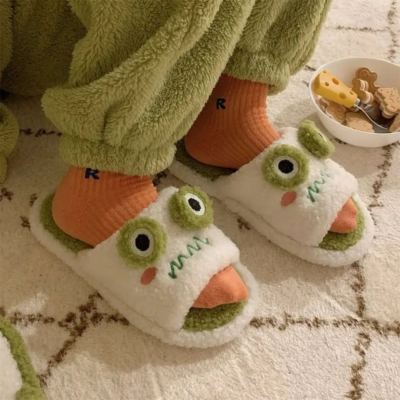 

Women Faux Fur Slippers Cute Cartoon Frog Home Slipper Women Men Winter Warm Shoes Soft Plush Lovers Indoor House Floor Slides