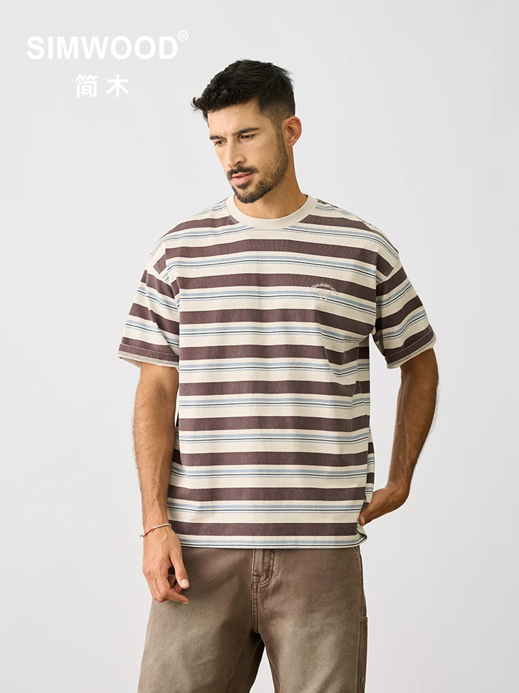 SIMWOOD 2024 Summer New Super Loose Fit Vintage Striped T-shirts Men Heavyweight 310g 100% Cotton Fabric Oversize Streetwear Top