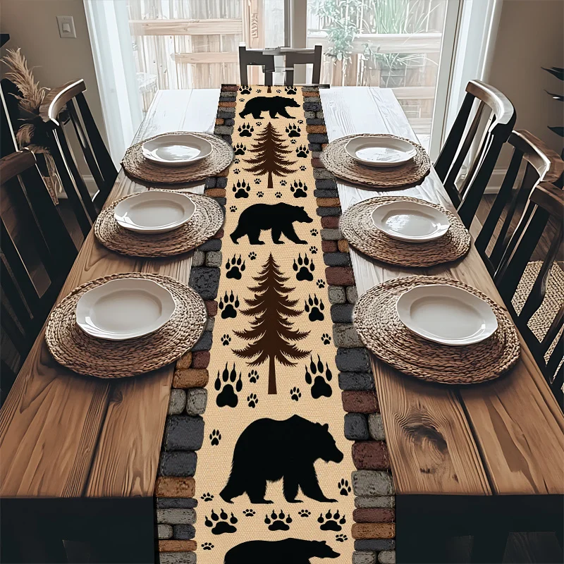 Woodland Bear Pine Tree Table Runner - Beige Black Print for Party Holiday Picnic Home Table Decor