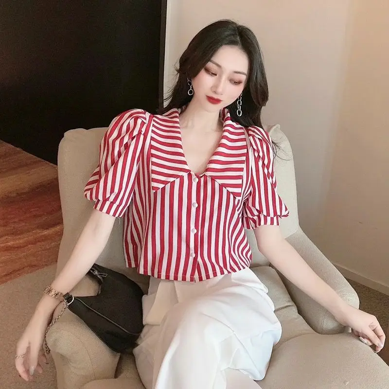 Retro Striped Bubble Sleeved Short Sleeved Shirt Top for Women Summer New Design Sense Niche Loose Slimming Shirt Trend