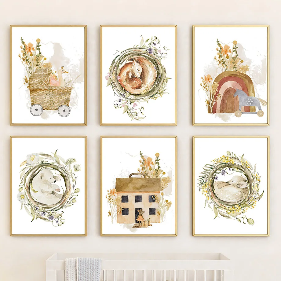 Bear Squirrel Rabbit Grass Nest House Nursery Wall Art Canvas Painting Nordic Poster And Print Wall Picture Baby Kids Room De