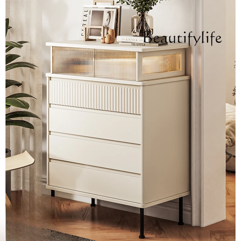 

Multifunctional Four-Bucket Cabinet Solid Wood Paint Storage Cabinet Cream Ins Style Small Apartment Bedroom Locker