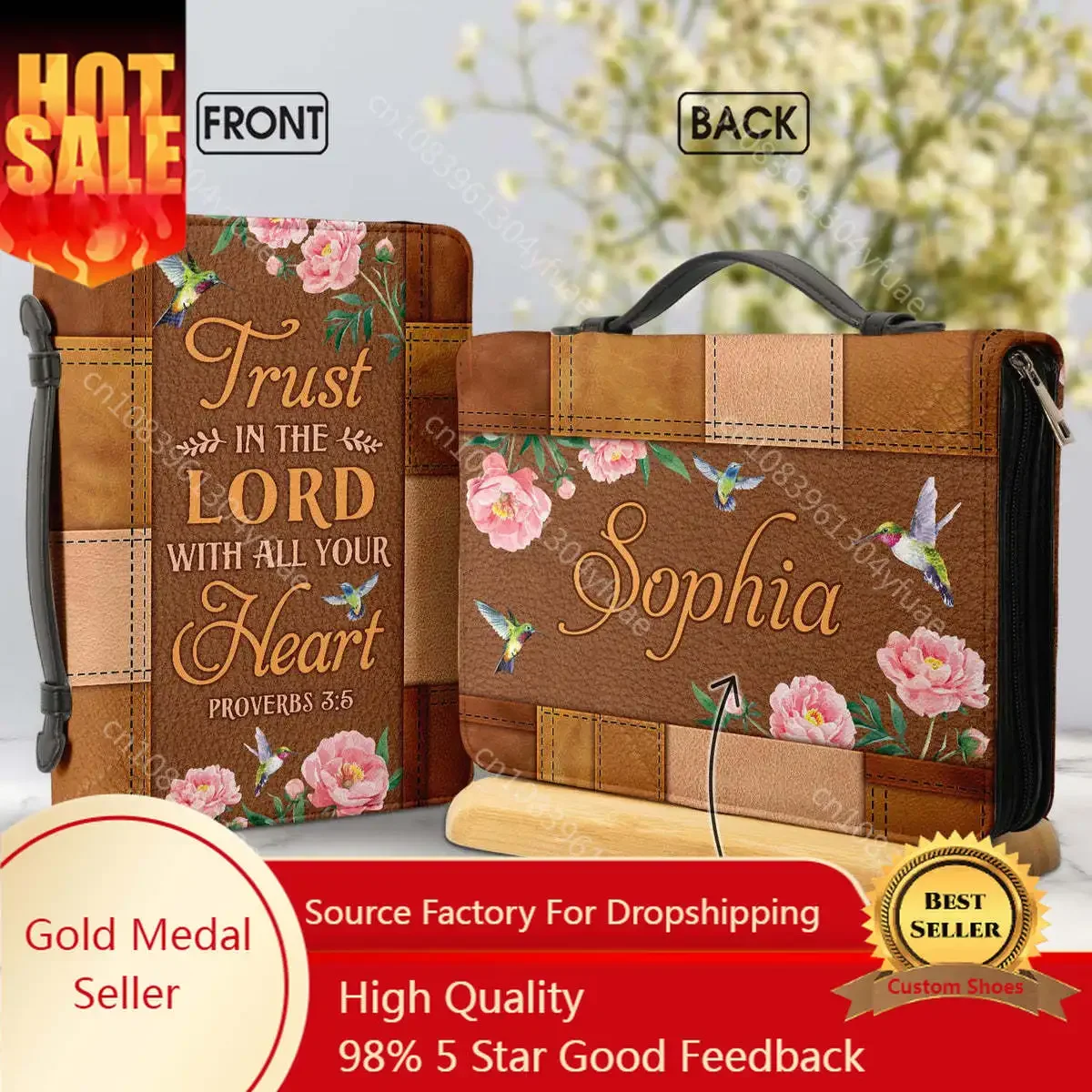 

2023 Personalized Bible Cover Rose and Hummingbird Bible Verse Print Carry Bag Protective Leather Bible Storage Bag for Women