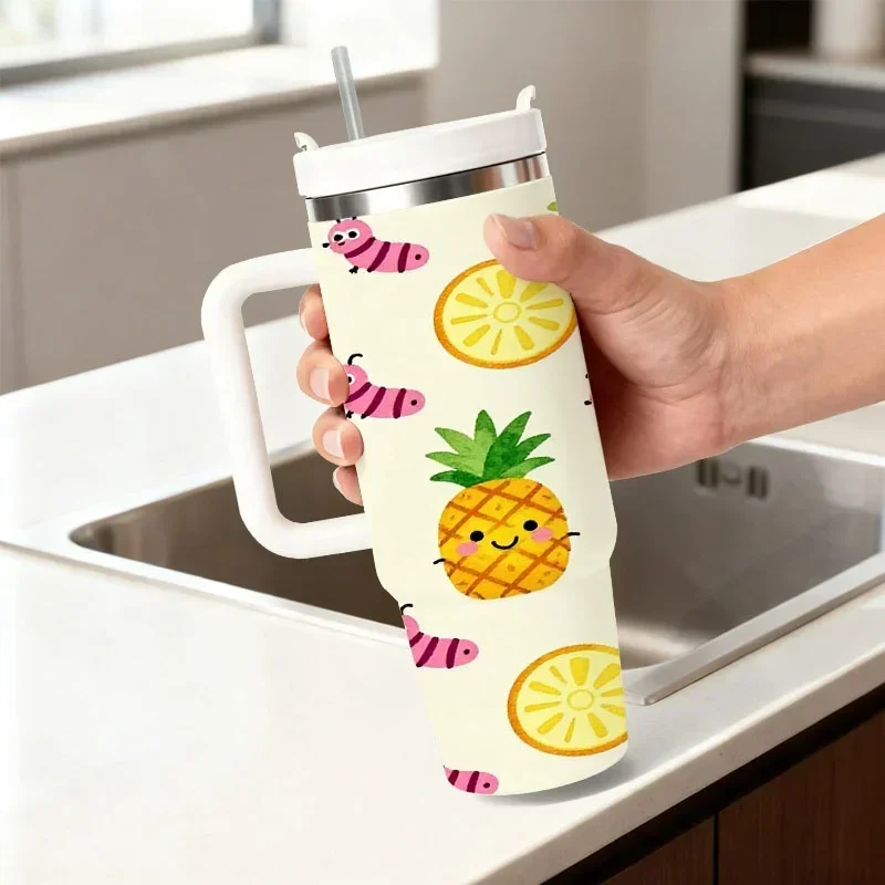 Stainless Steel Insulated Tumbler, 40Oz Cute Digital Print with Smiling Pineapples, Pink Caterpillars And Lemon Slices, Lightweight Portable Reusable Drink Cup for Home, Office And Outdoor Daily Use