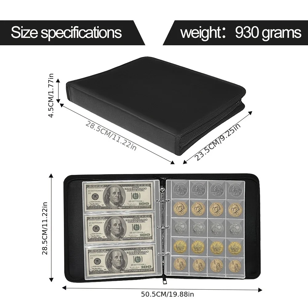 New 3 Ring Fireproof Coin Collection Album for Collectors, 300 Pockets Coins Collecting Album & 36 Sleeves Money Storage Case,