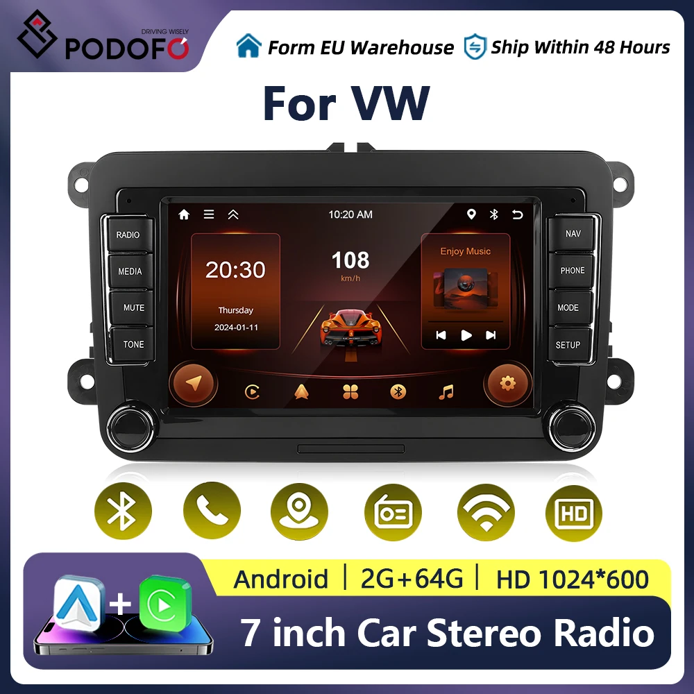 Podofo 2+64G Car Stereo Radio 7'' Car Multimedia Player with BT WIFi DVR GPS FM for VW support Carplay Android Auto Mirror link