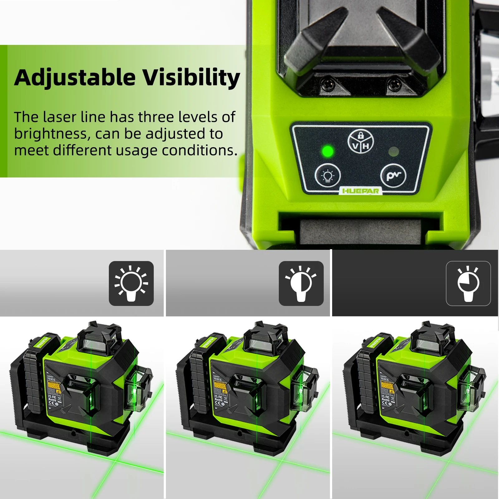 Huepar 703CG Green 12 Lines 3D Laser Level Self-Leveling Cross Line Adjust Bright Alignment Laser Tool with Li-ion Battery