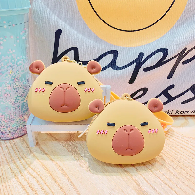 Cute Silica Gel Earphone Storage Bag Cartoon Capybara Coin Purse Girls Wallet Bags With Wrist Strap Keychain