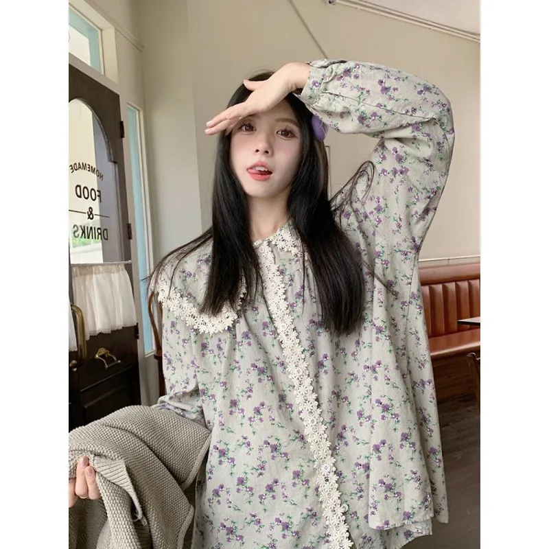 가을 새로운 한국어 패션 탑 여성의 달콤한 디자인 인형 칼라 꽃 셔츠 니트 조끼 두 조각 세트 여성 의류