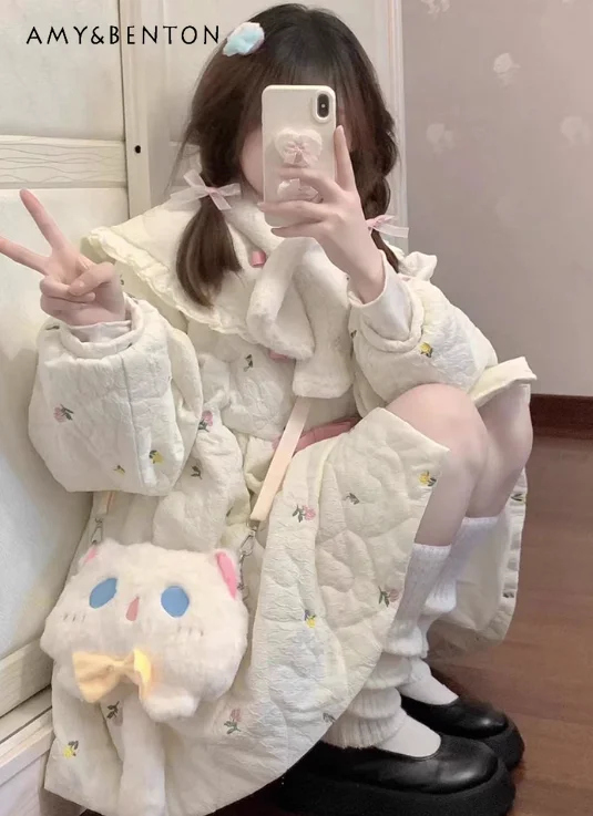 

Winter New Sweet Gentle Style Bowknot Embroidery Thickened Warm Cotton Jacket Students Loose Casual White Mid-Length Cotton Coat