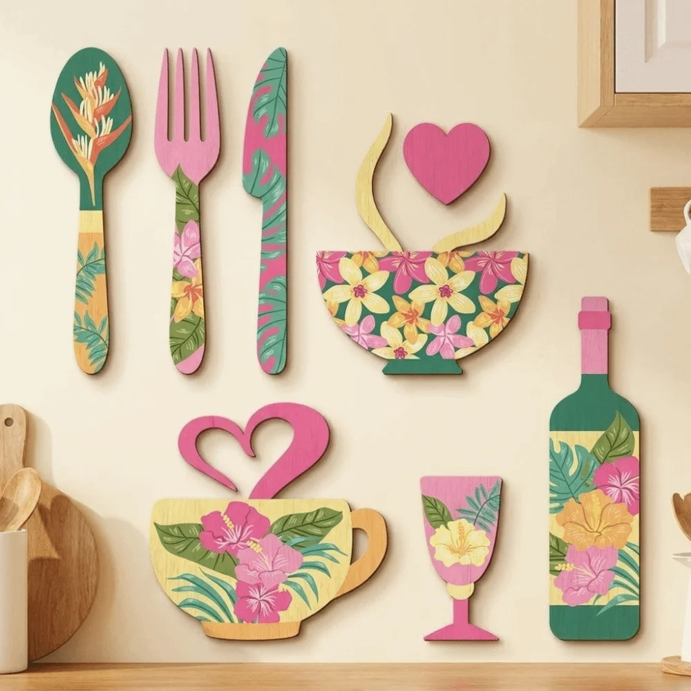 8PCS/SET Retro Wooden Wall Sticker Ornaments Fork Coffee Cup Coffee Wall Sticker Hangings Pastoral Style Tableware Design