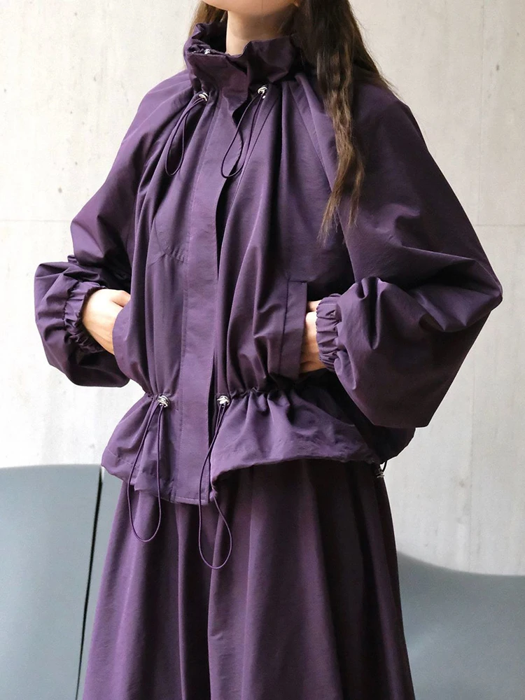 [EAM] Purple Drawstring Big Size Casual Jacket New Stand Collar Long Sleeve Women Coat Fashion Tide Spring Autumn 2024 1DH6530