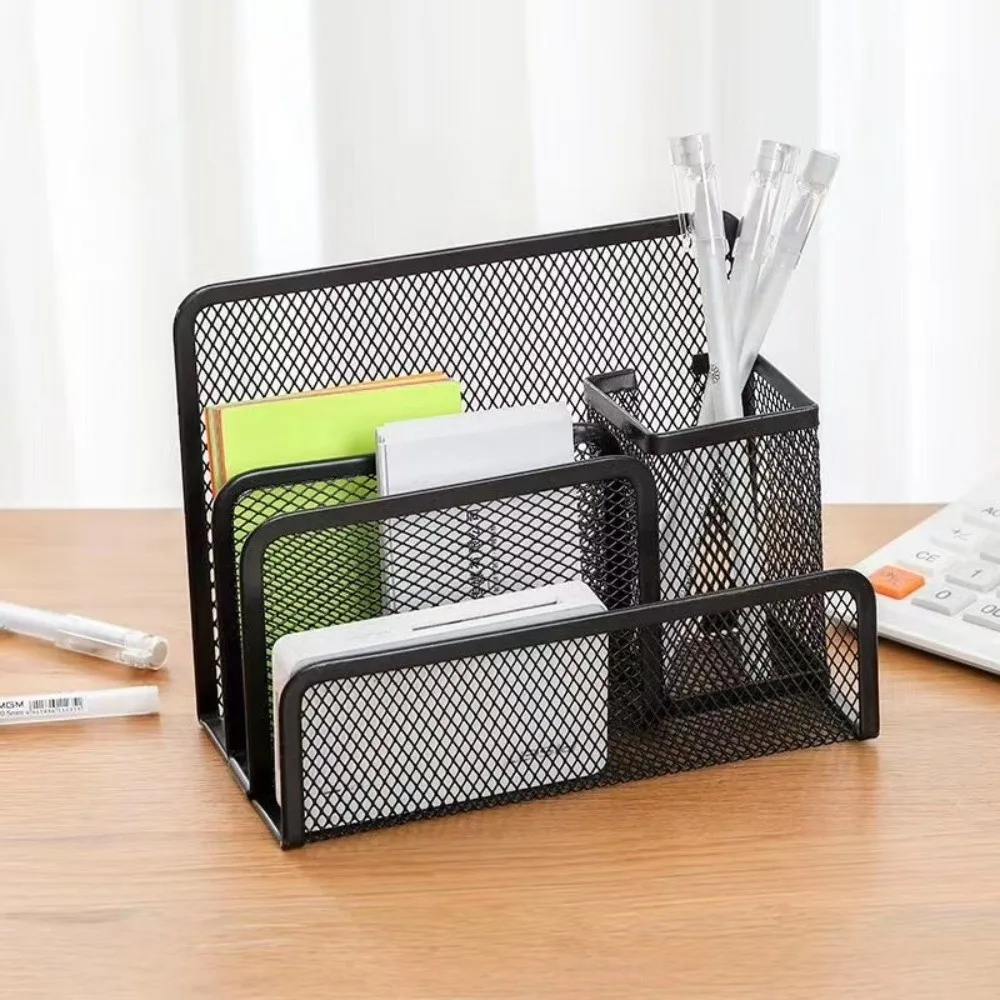 Creative Metal Mesh Pen Holder 2/3 Grids Black Pen Holder Metal Storage Box Stationery Organizer