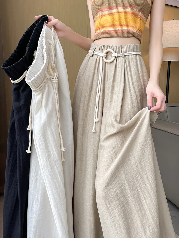 

Summer Thin High Waist Draped Ice Silk Cotton Linen Wide Leg Pants Lazy Sle Casual Trousers for Women Commute Korean Sle