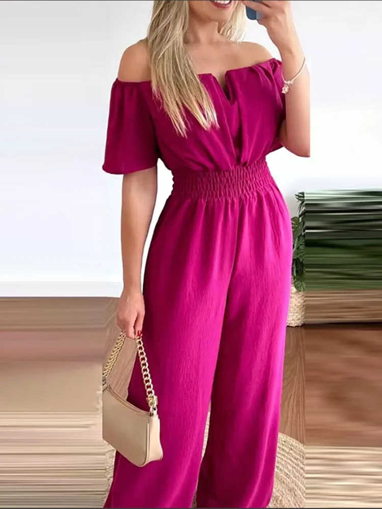 Zomer Nieuwe Vrouwen Sexy Een Lijn Schouder Effen Kleur Korte Mouw Jumpsuit Slanke Elastische Taille Losse Rechte Vrouwelijke Lange Jumpsuit