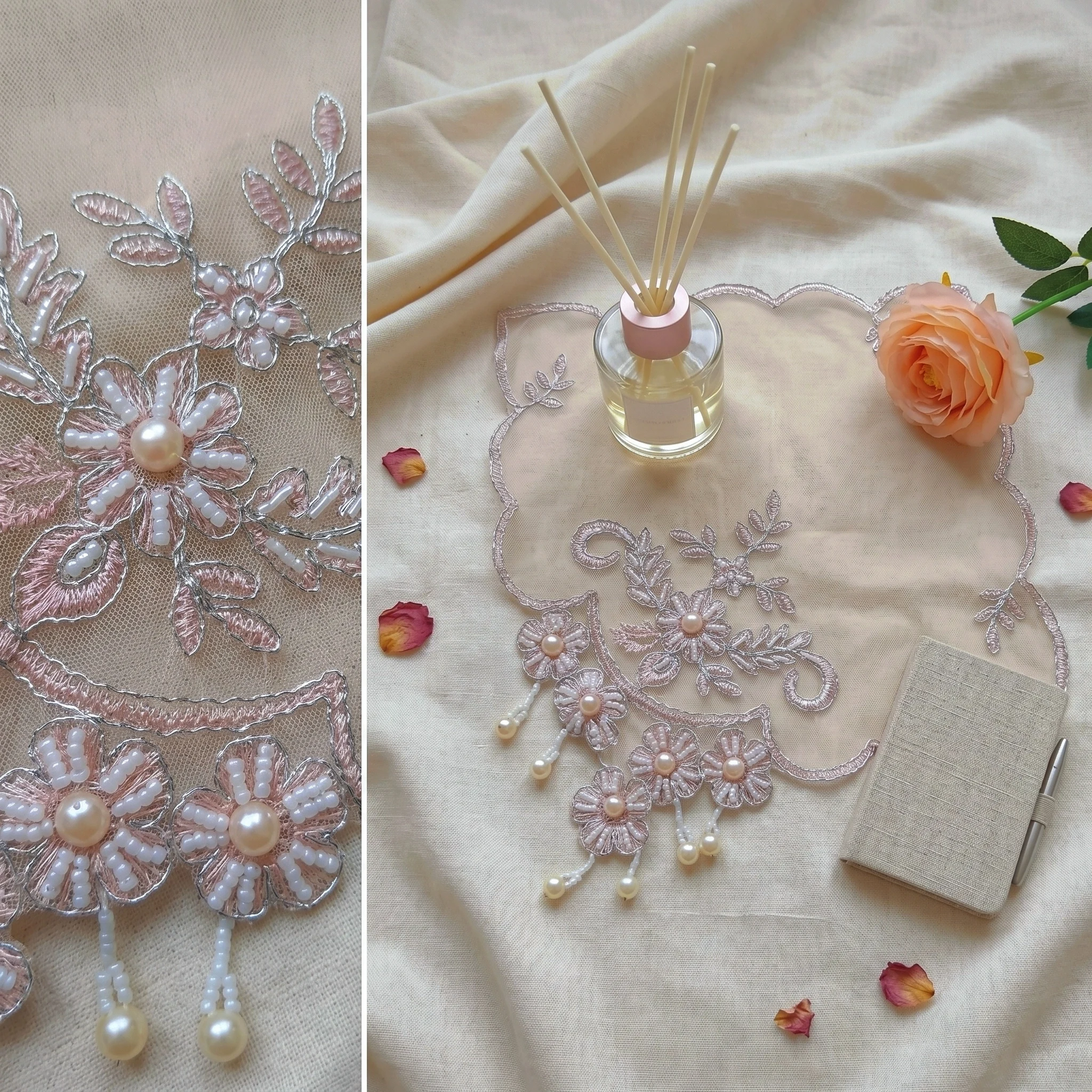 Set Of 8 Pink Lace Placemats Handmade Coaster Set Wedding Beaded Table Mats Vintage Photography Background Cloths - view 6