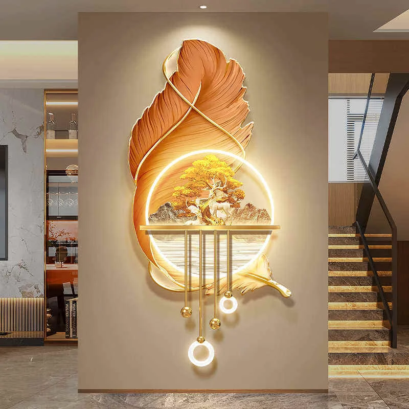 Feather entrance decorative light luxury landscape money tree corridor hanging painting LED wall painting