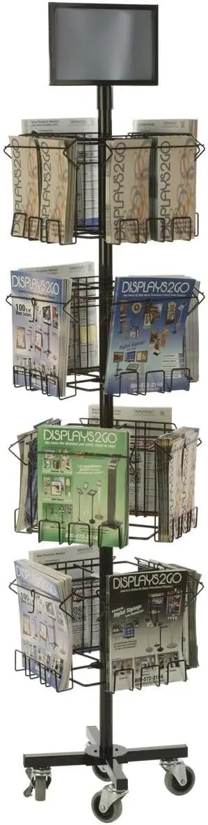 Floor Standing Portable Literature Rack, 16 Pockets for Magazines, Spinning, Tiered (Steel Wire)