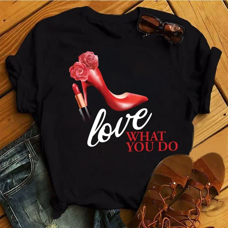 Fashion New Women's Red High Heels Printed Large Size Fashion Short Sleeve T-shirt Europe and The United States Aesthetic Tee