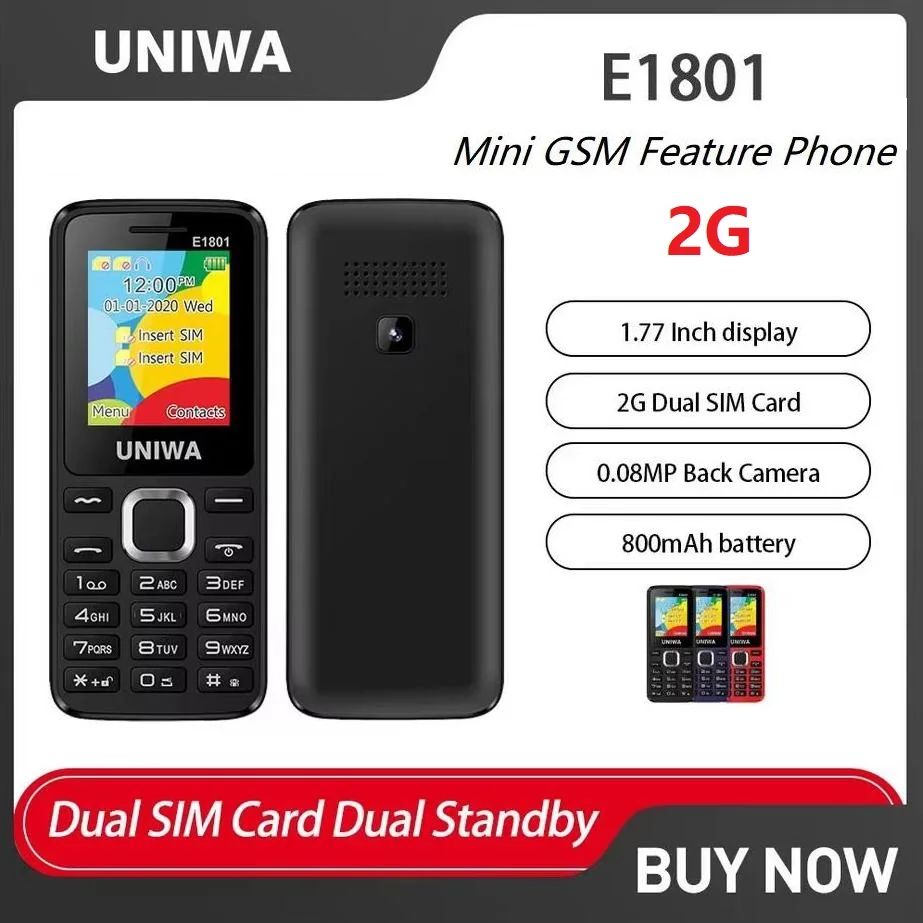 UNIWA E1801 ปลดล็อกปุ่มโทรศัพท์ 1.77 นิ้ว 800mAh 2G คุณลักษณะโทรศัพท์ Dual SIM สแตนด์บายโทรศัพท์มือถือสําหรับเก่าไร้สายวิทยุ FM