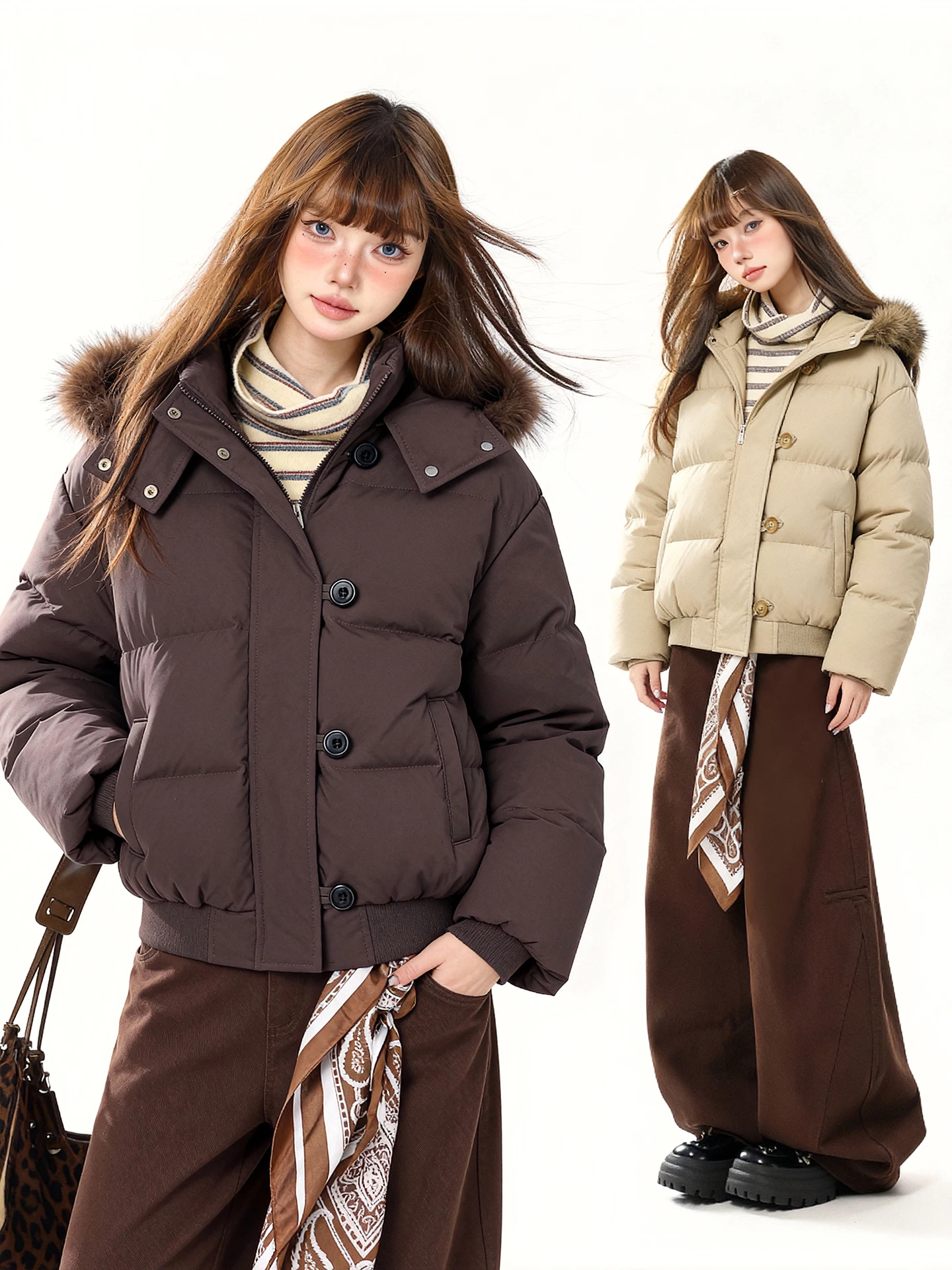 

Женская пуховая куртка AONW American Style, белая, утепленная, с отстегивающимся меховым воротником, длинное пальто