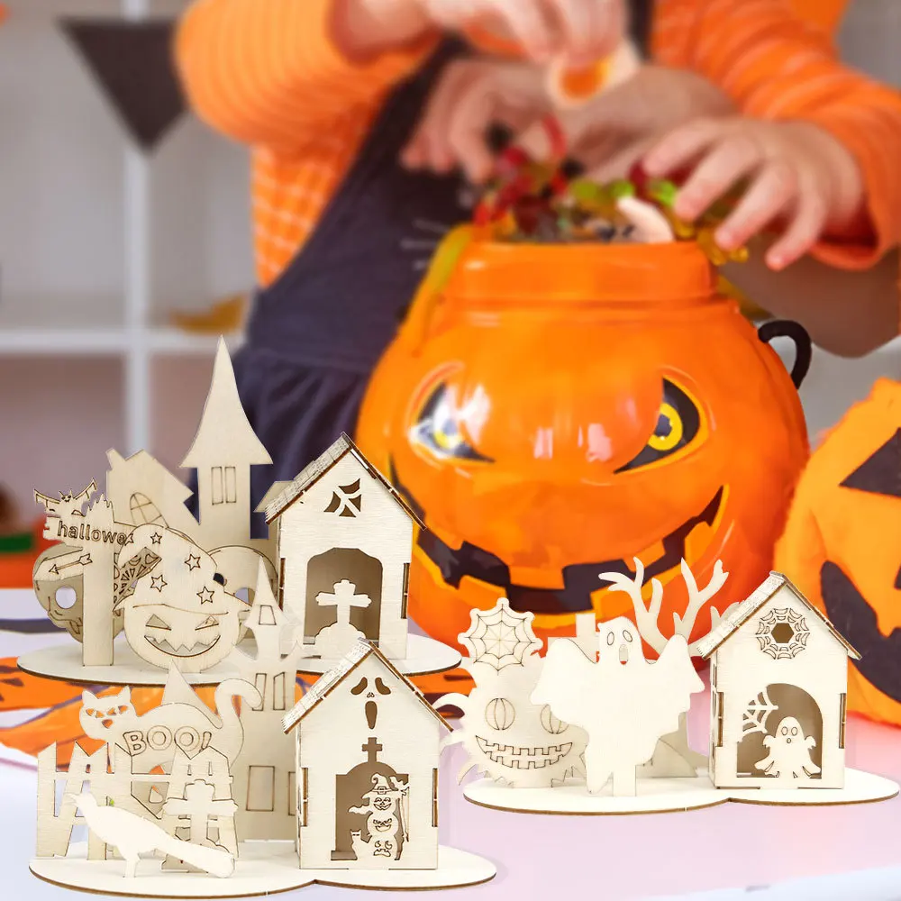 Halloween Decoration,Wooden Puzzle Ornaments,Halloween Home Decoration,Castle Haunted House DIY Table Decoration