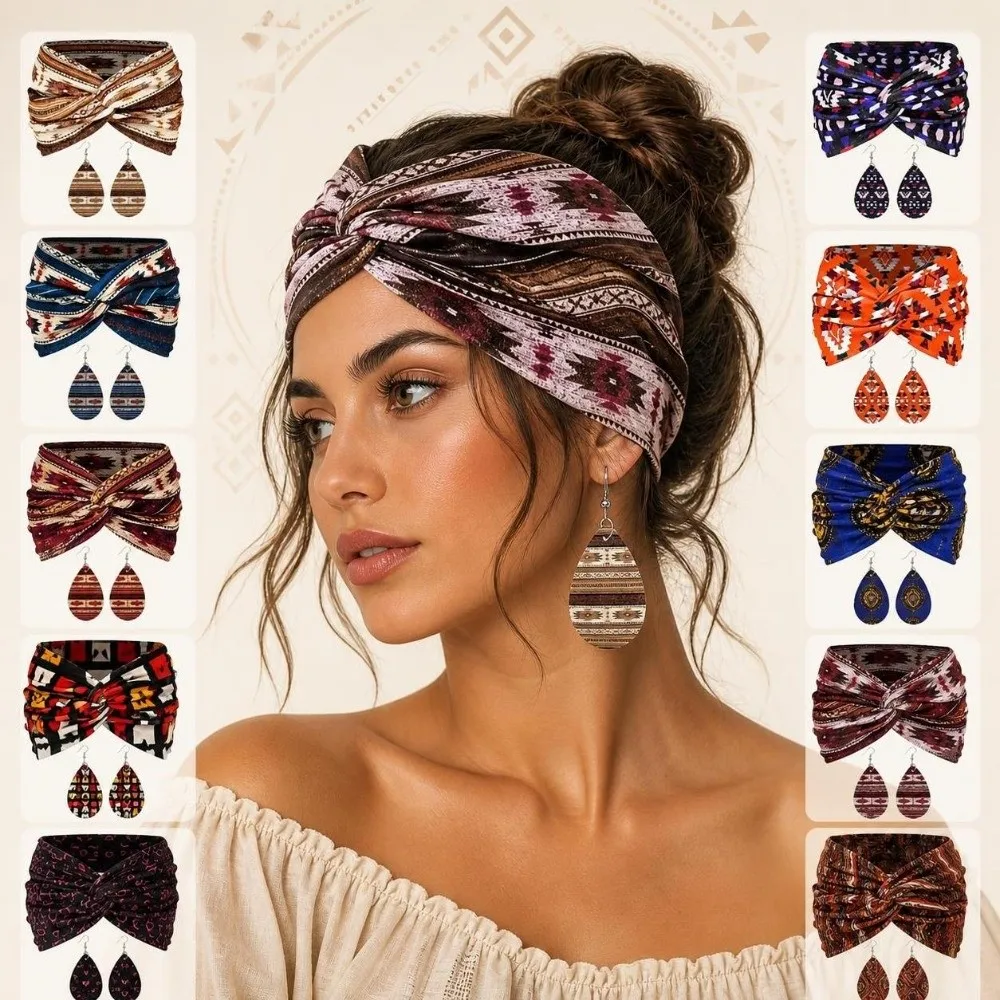 3pcs Ankara Print Twist Headband Earrings Set Boho Kente Women's Hairband Set Wide Cross Women's Earrings Set Sports Wear