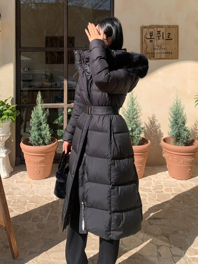 Unten Mantel Frauen Winter Echt Fox Pelz Kragen Mit Kapuze Pelz Jacke Dicke Herbst X-lange Weiße Ente Unten Jacke überwäsche