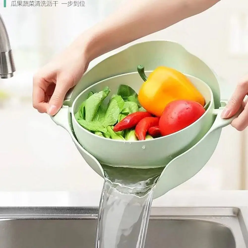 Double Layer Vegetable Drain Basket Kitchen Gadgets Green Blue Pink Rice Washing Bowl with Handle Sink Rotatable Drainer