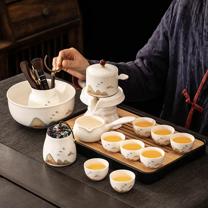 Mutton Fat Jade Remote Mountain Tea Set Automatic Teapot Cups Gift Box