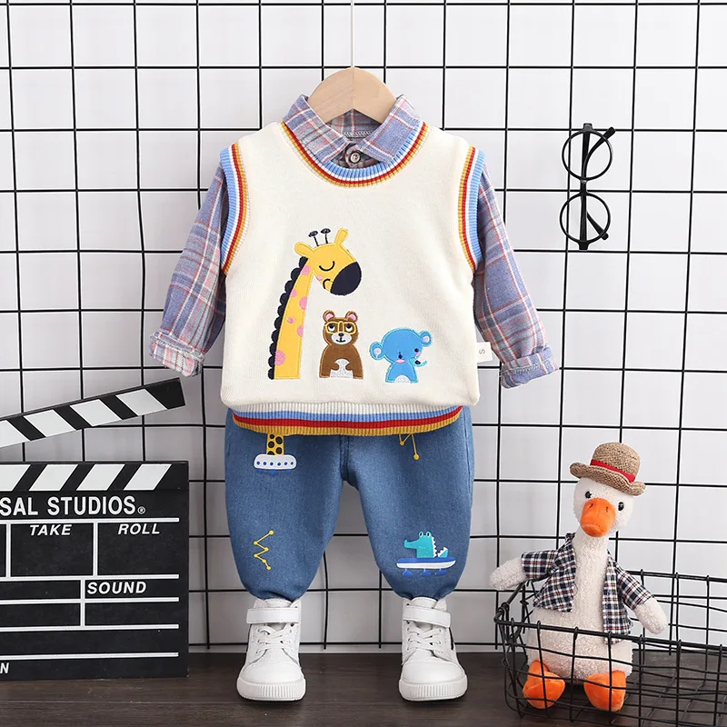 

Toddler Boys clothes set Long Sleeve Shirt+knit vest +pant 3pcs Kids Clothing Set Leisure cartoon boys clothes