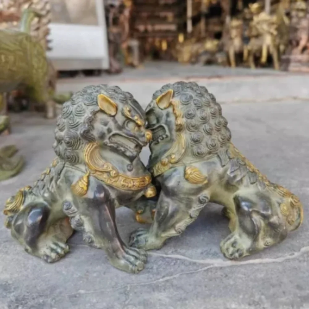 العتيقة القديمة الأسود البرونزية باب فنغشوي الحرس فو فو الكلاب تمثال الأسد زوج #5