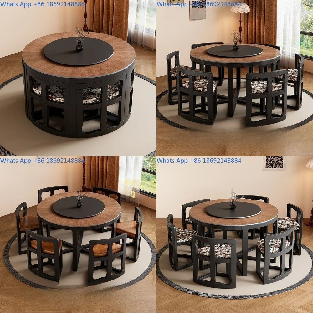 

Round Solid Wood Dining Table with Storage Stools Retro Modern Minimalist Wooden Grain Stone Top