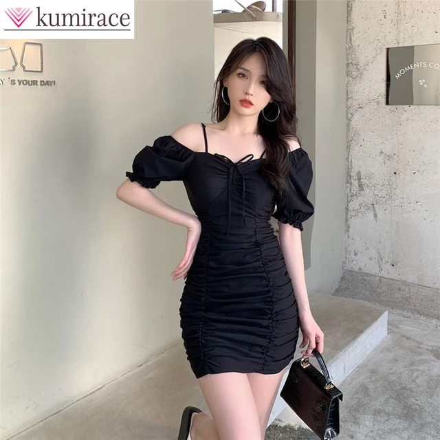 Summer 2022 New Korean Style Bubble Sleeve Pleated Drawstring Slim Dress Elegant Women s Club Party Dress Sexy Robe