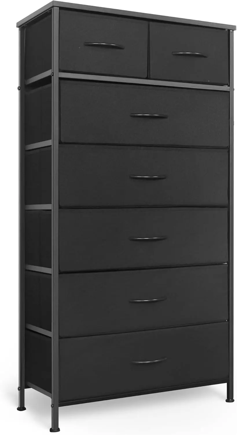 7‑Drawer Vertical Tall Storage Dresser Tower, Fabric Bins, Steel Frame & Wood Top, Black, for Bedroom, Closet & Entryway