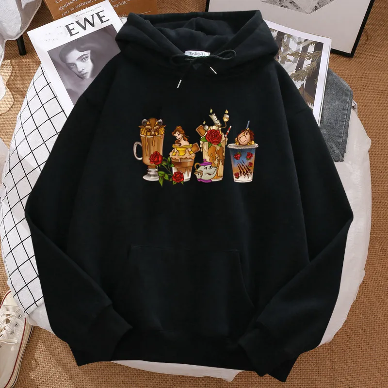 Beauty and The Beast Hoodies Women Rose Printed Fashion Casual Coffee Hoodie Sweatshirts Long Sleeve Harajuku Tops Clothing