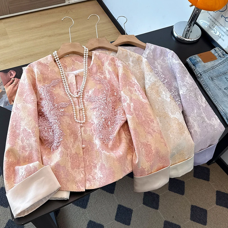 New Chinese Style Tang Suit Autumn Heavy Embroidery Sequin Embellished 3D Floral Patchwork Hanfu Long Sleeve Outerwear