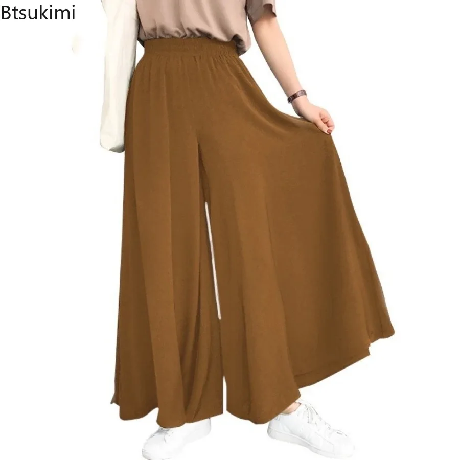 2024Women\'s Spring Summer Casual Pants Plus Size Wide Leg Pants Cotton Linen Mid Rise Elastic Drape Straight Leg Trousers Female