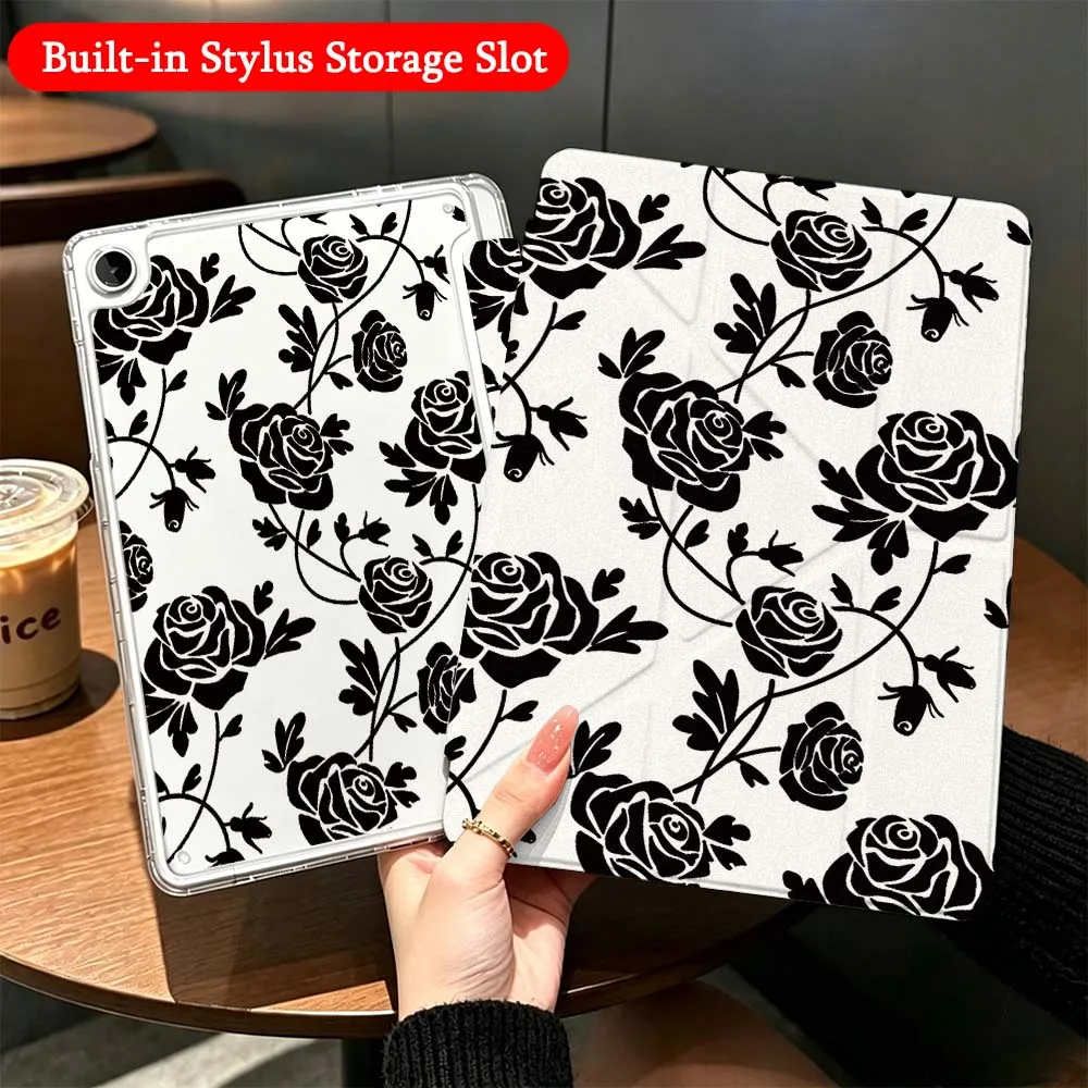 Rose Pattern Design Case For Samsung Galaxy Tab A9 A8 A11 S6 S7 S8 S9 S10 FE Plus Lite Transparent Y-Shaped Folding Tablet
