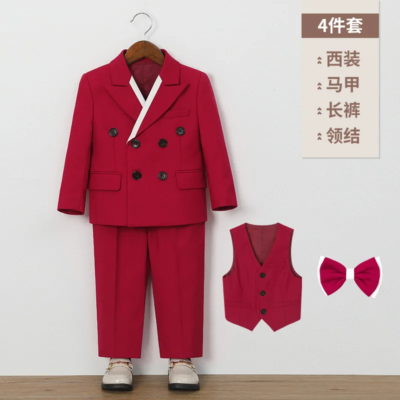 Children's Red Formal Suit Set for Boys - Wedding Birthday Photography Piano Performance Costume with Blazer Vest Pants Bowtie