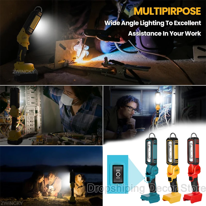 

for Makita/Dewalt/Milwaukee 18V Battery LED Work Light With Hook Two Levels Adjustable Camp Light Portable Emergency Flashlight